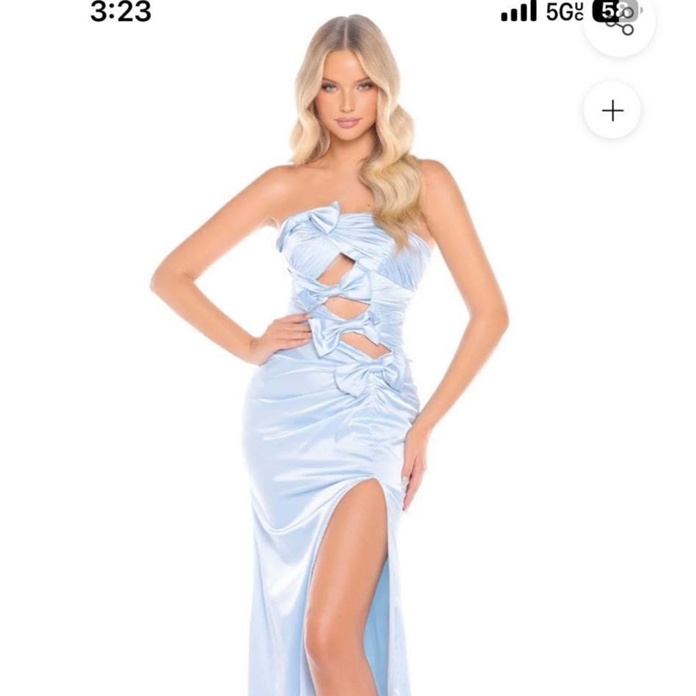 Strapless Light Blue Satin Prom Gown with Side Slit BRAND NEW, has bow details